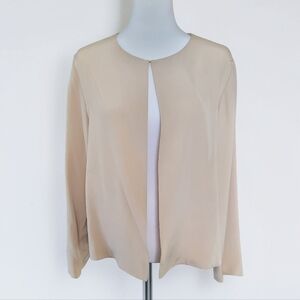 Due Per Due Beige Silk Minimalist Open Front Long Sleeve Blouse, Women's 12